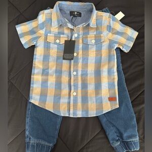 Charming Blue and Tan Kids Plaid Shirt and Jeans Set